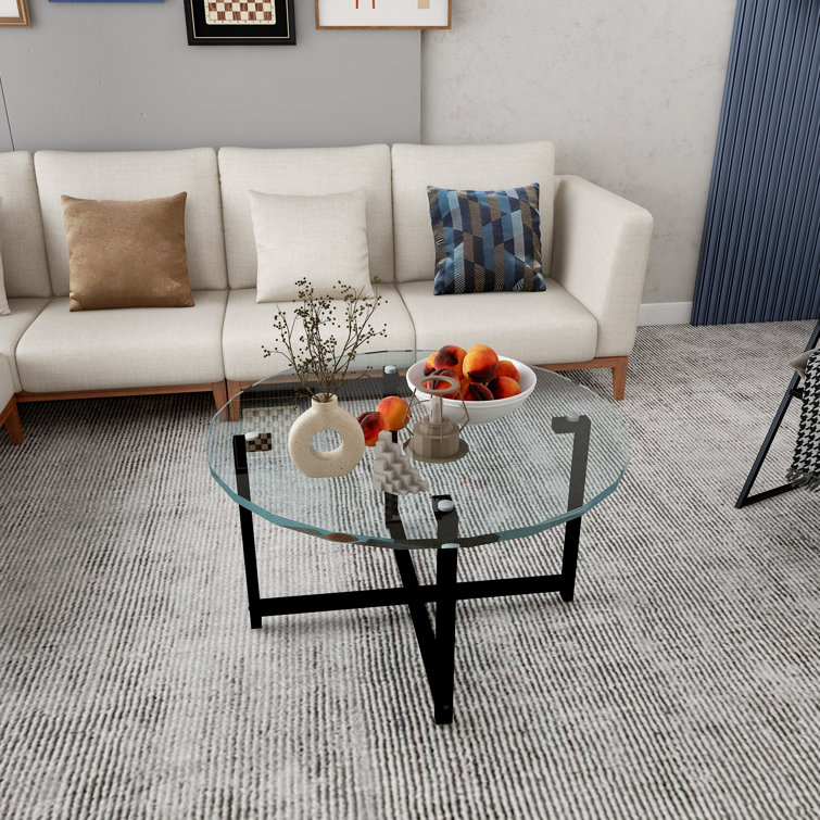 Ebern Designs Crayford Cross Legs Coffee Table with Tempered Glass Top